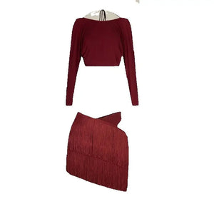 Women's Burgundy & Black Fringe Latin Dance Skirt Set with Long Sleeve Crop Top