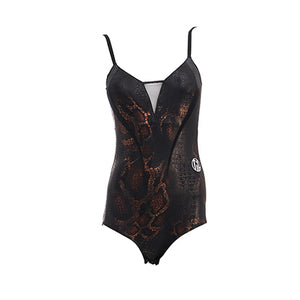 Women's Black & Brown Snakeskin Print Mesh V-Neck Bodysuit & High-Low Skirt Latin Dance Dress