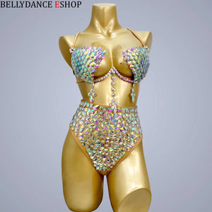 Belly Dance Costume Women's Iridescent Sequin & Rhinestone Bra and High-Waisted Briefs Set - Latin Samba Rave Performance