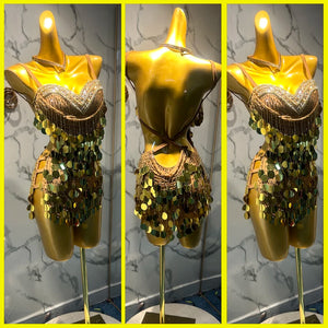 Women's Gold Sequin Fringe Embellished Latin Dance Dress