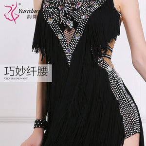 Women's Backless Latin Ballroom Dance Dress With Rhinestones And Tassel Fringe For Performance