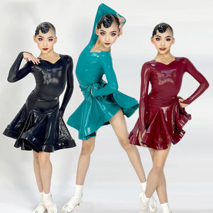 Girls' Latin Dance Dress, Patent Leather, Long Sleeve, V-Neck, Ballroom & Latin Dance