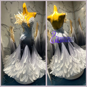 Ballroom Dance Dress Women's Ombre Gray Rhinestone Feather Long Gown
