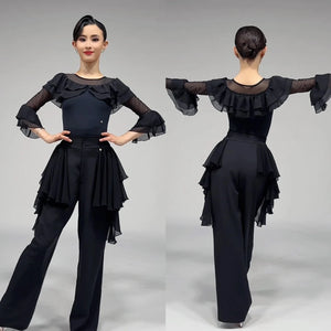 Women's Black Ruffled Mesh Long Sleeve Latin Ballroom Dance Top & Pants Set