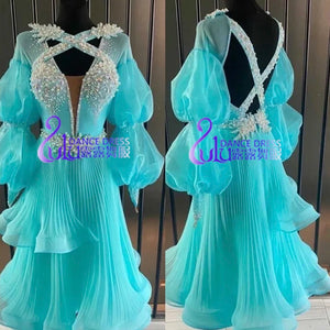 Women's Aqua Blue Ballroom Dance Dress, Pleated Organza Puff Sleeve, Rhinestone Beaded, Open Back