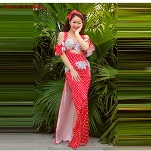 Women's Red Polka Dot Sequin Belly Dance Costume Set with Slit Skirt