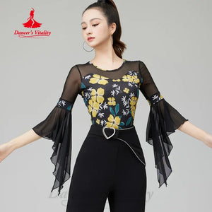 Women's Black & Yellow Floral Mesh Bell Sleeve Latin Dance Top