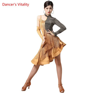 Women's Gold & Grey Asymmetrical Fringe Latin Dance Dress with Long Sleeves