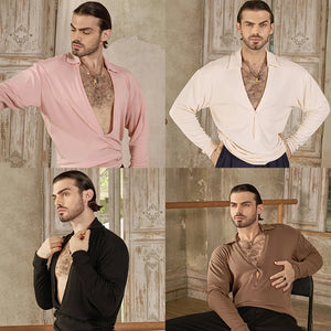 Men's Long Sleeve Deep V-Neck Dance Shirt, Black/Pink/Cream/Brown, Polyester/Spandex Blend, Latin/Ballroom Dance