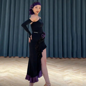 Women's Blue Ruffled Asymmetrical Hem Latin Dance Dress with Headband, Arm Sleeve & Floral Detail