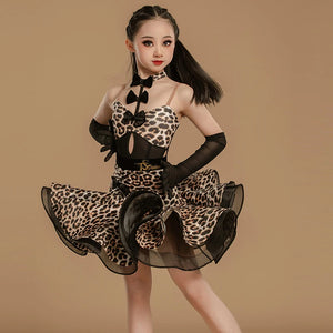 Girls Leopard Print Mesh Latin Dance Dress with Gloves