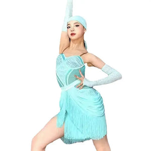 Women's Blue Latin Dance Dress with Fringe and Lace Details, Long Sleeves, Headband