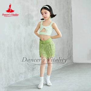 Girls' Light Green Cut-Out Ruffled Crop Top & Fringe Skirt Latin Dance Costume