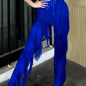 Dance Jumpsuit Women's Red Halter Fringe Latin Dance Bodysuit with Pants, Black Halter Fringe Latin Dance Bodysuit with Pants, Blue Halter Fringe Latin Dance Bodysuit with Pants