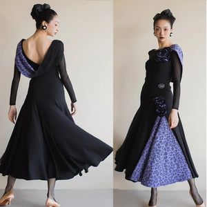 Ballroom Dance Dress Women's Black & Purple Leopard Print Long Sleeve Backless Mesh Panel Standard Smooth Gown