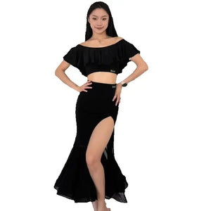 Women's Black and Red Off-Shoulder Ruffle Crop Top and High Slit Ruffled Hem Latin Dance Skirt Set