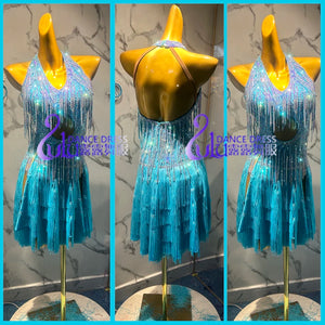 Latin Dance Dress Women's Blue Fringe Rhinestone Halter Backless Short Salsa Rumba Cha-Cha Costume