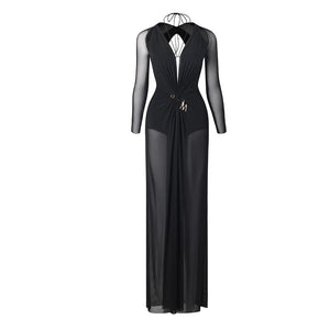 Women's Black Mesh Long Sleeve Deep V-Neck Sheer Maxi Ballroom Latin Dance Dress