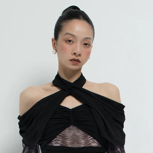 Women's Black Halter Off-Shoulder Ruched Mesh Top with Zebra Print Sleeves, Contemporary Dance