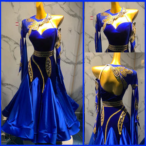 Women's Royal Blue Velvet & Mesh Gold Appliqué Rhinestone Ballroom Dance Dress