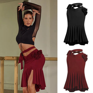 Women's Black & Red Mesh Long Sleeve Crop Top & Ruffled Slit Skirt Latin Dancewear Set