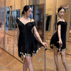 Women's Black Sequin Hem Ballroom Latin Dance Dress - Off-Shoulder V-Neck Flowy Skirt