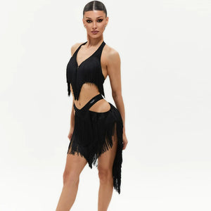 Women's Black Fringe Halter Top and Asymmetrical Skirt Latin Dance Set