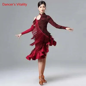 Women's Gold & Grey Asymmetrical Fringe Latin Dance Dress with Long Sleeves