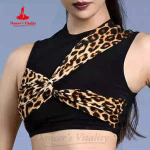 Dance Top and Pants Set Women's Black and Leopard Print Cropped Sleeveless Ruched Ballroom Latin Dancewear