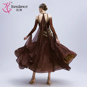 Women's Standard Ballroom Dance Dress With Rhinestones Long Chiffon Coffee For Competition