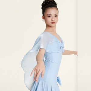 Girls' Light Blue Ballroom Latin Dance Dress with Chiffon Cape Sleeves and Bow Detail