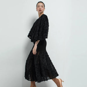 Women's Black Ruffled V-Neck Top and Ruched Ruffle Hem Skirt Latin Dance Dress