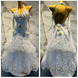 Ballroom Dance Dress Women's White Embellished Halter Neck Open Back Ruffled Floral Skirt Standard Smooth Gown