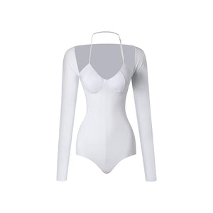 Women's Red and Black Backless Long Sleeve Leotard with Halter Neck and Shrug, Ballet/Lyrical Dance