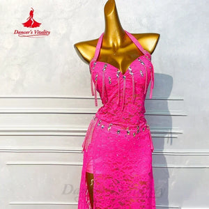 Women's Hot Pink Lace Halter Neck Rumba Latin Dance Dress with Slit & Fringe Detail