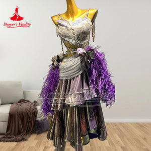 Women's Purple and Silver Sequin Feather Tiered Latin Rhythm Dance Dress