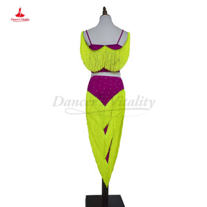 Latin Dance Dress Women's Neon Yellow & Magenta Fringe Performance Set - Rumba Samba Cha Cha