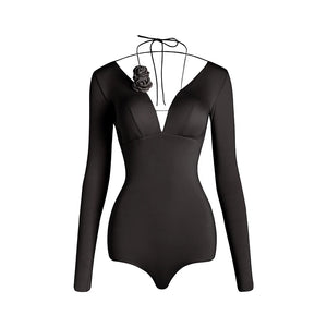 Women's Black & Pink Long Sleeve Deep V-Neck Backless Bodysuit Leotard for Ballet & Ballroom Dance