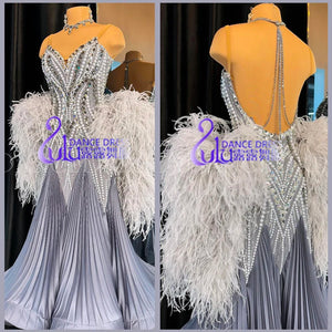 Women's Silver & Grey Beaded Feather Pleated Ballroom Dance Dress