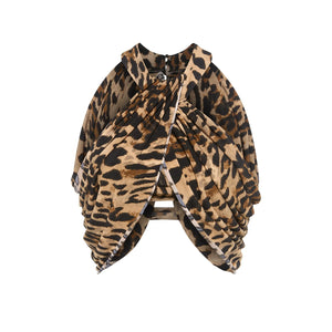 Ballroom Dance Dress Women's Leopard Print Black Halter Neck Draped Top with Matching Arm Sleeves and Beaded Skirt with Tulle Fringe