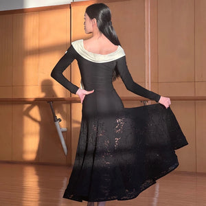 Women's Black and Cream Off-Shoulder Long Sleeve Lace Ballroom Dance Dress