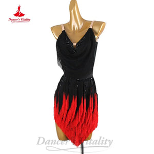 Women's Black & Red Sequin Fringe Latin Dance Dress
