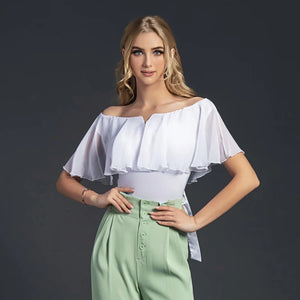 Women's Black Chiffon Off-Shoulder Bodysuit for Latin Dance