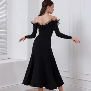 Ballroom Dance Dress Women's Black Off-Shoulder Ruffle Long Sleeve Mermaid Hem Standard Latin Performance Gown