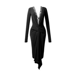 Women's Black Velvet Lace V-Neck Asymmetrical Ballroom Dance Dress, Women's Red Jersey Lace V-Neck Asymmetrical Ballroom Dance Dress