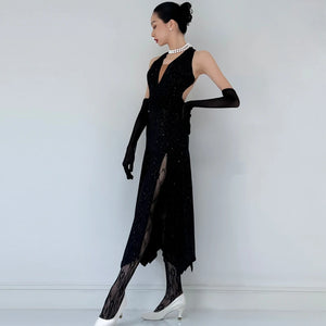 Women's Black Sequin Halter Neck Midi Dance Dress with Gloves and Lace Tights for Ballroom Dance