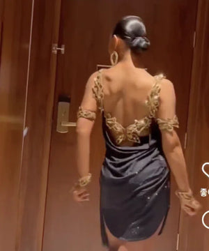 Women's Black & Gold Embellished Satin Latin Dance Dress with Fringe Hem