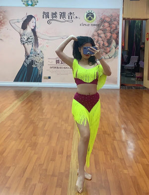Women's Hot Pink & Yellow Fringe Belly Dance Costume Set with Off-Shoulder Top and High-Slit Skirt