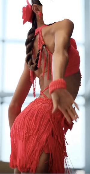Women's Coral Halter Fringe Latin Dance Dress with Rose Appliques