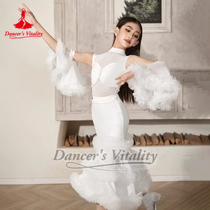 Girls' White & Black Mock Neck Mesh Pearl Latin Dance Dress with Ruffled Skirt